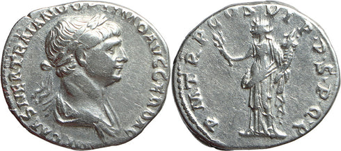 Ancient Roman silver coin of the Emperor Trajan minted in Rome in 114-116 AD